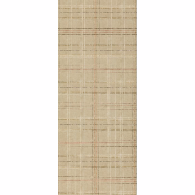 Warm sand-beige wallpaper with fine intersecting taupe lines and muted rose accents