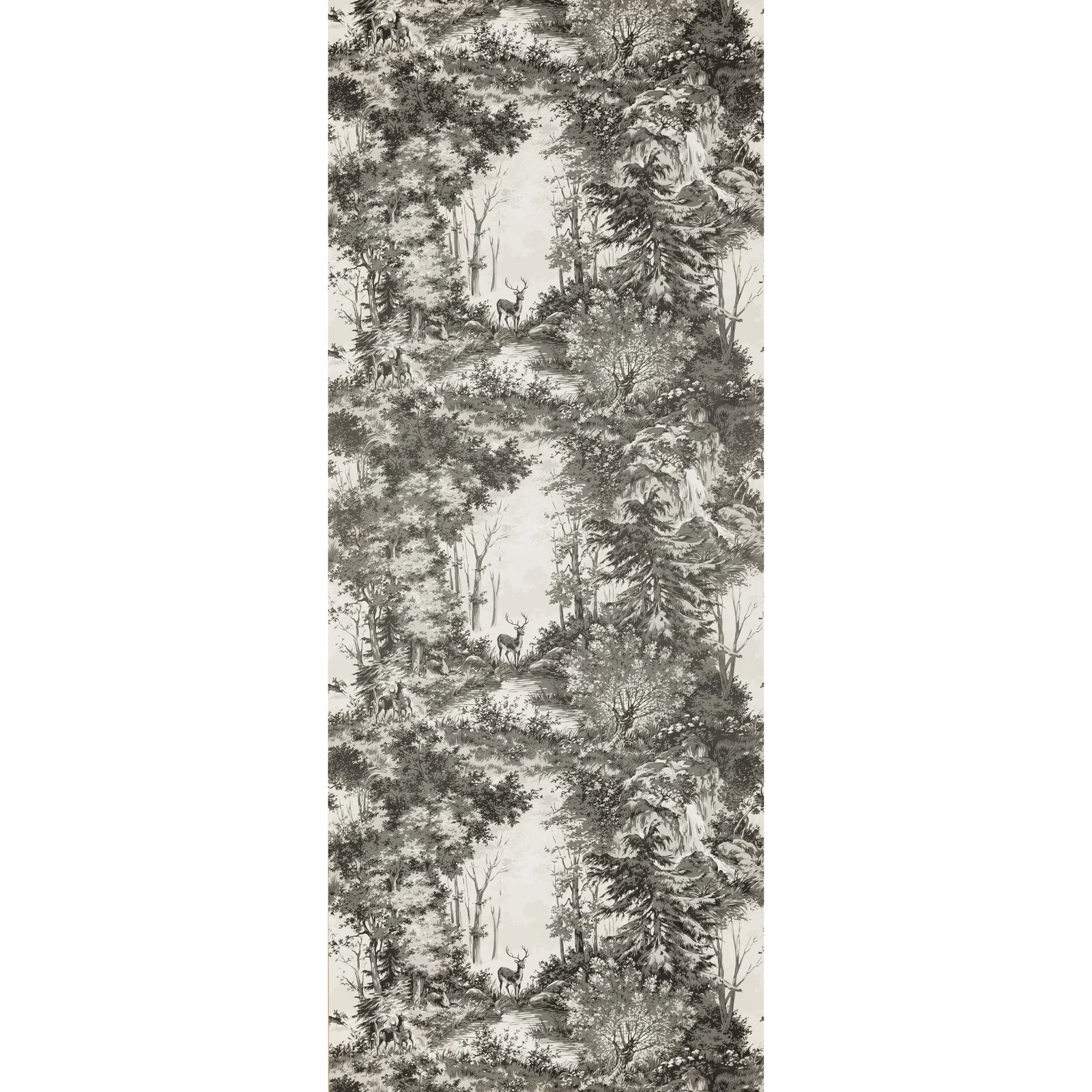 Woodsmoke grey woodland toile with tall trees, rocky clearings and pale ground