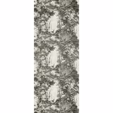 Woodsmoke grey woodland toile with tall trees, rocky clearings and pale ground