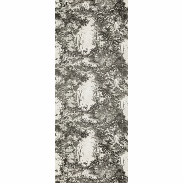 Woodsmoke grey woodland toile with tall trees, rocky clearings and pale ground
