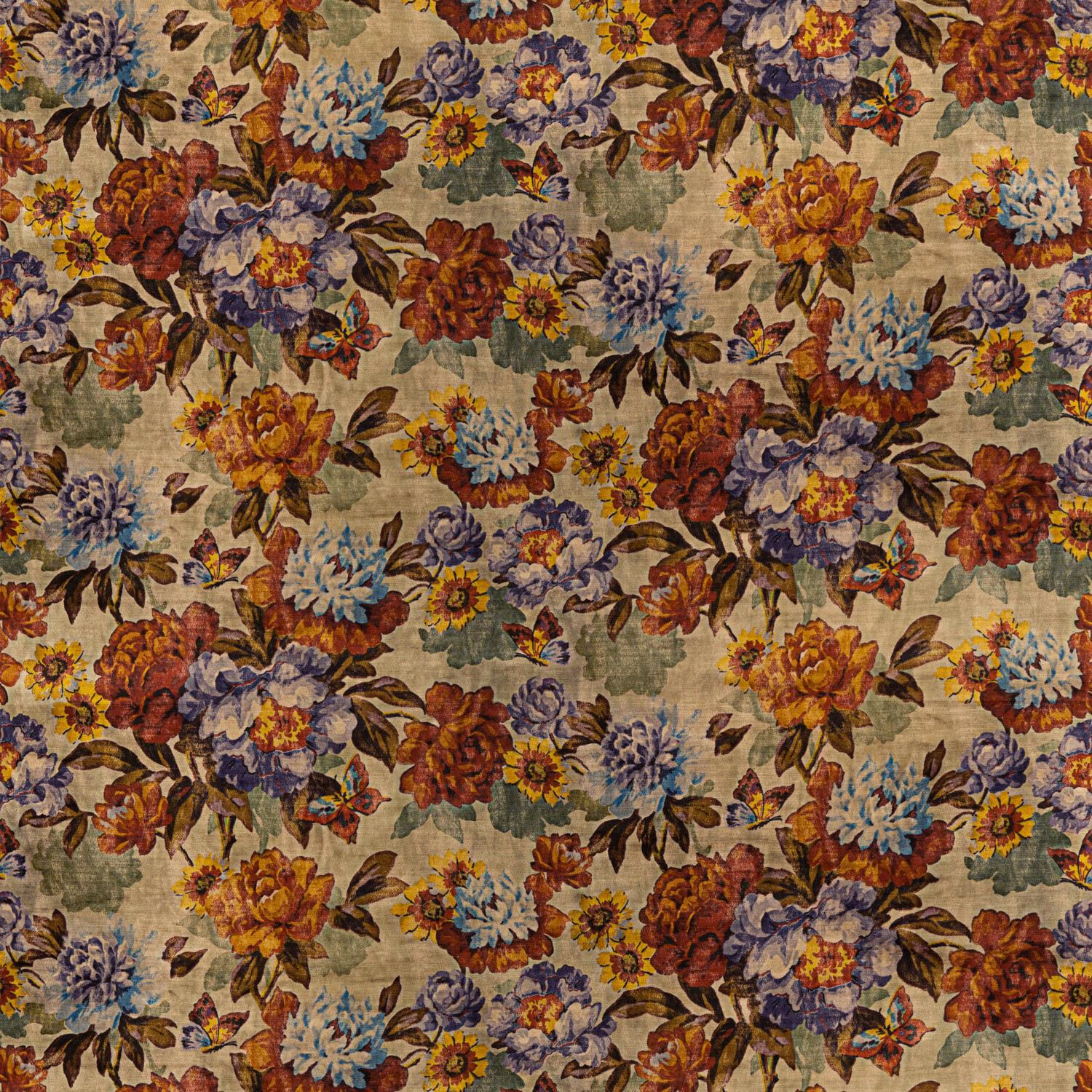 Red and plum floral velvet with blue flowers on a beige ground