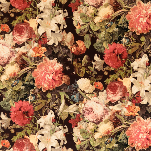 Red and plum floral velvet with ivory lilies, roses and dahlias on a dark ground