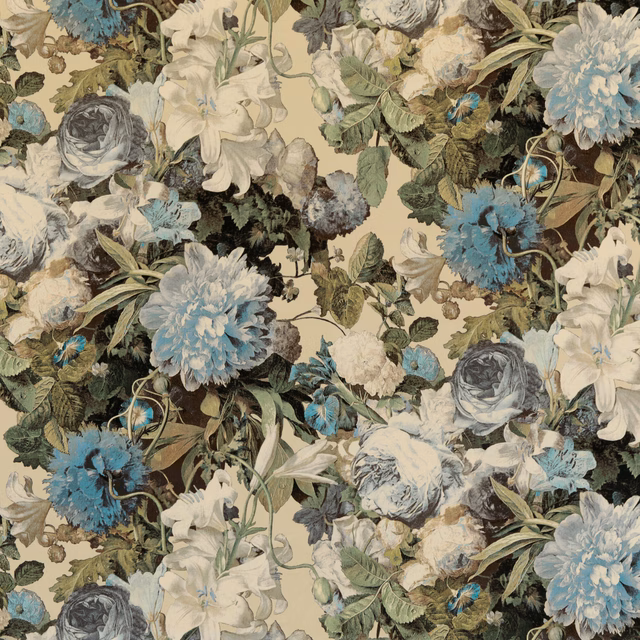 Muted sage velvet with blue blooms, cream blossoms and grey roses in a floral repeat.