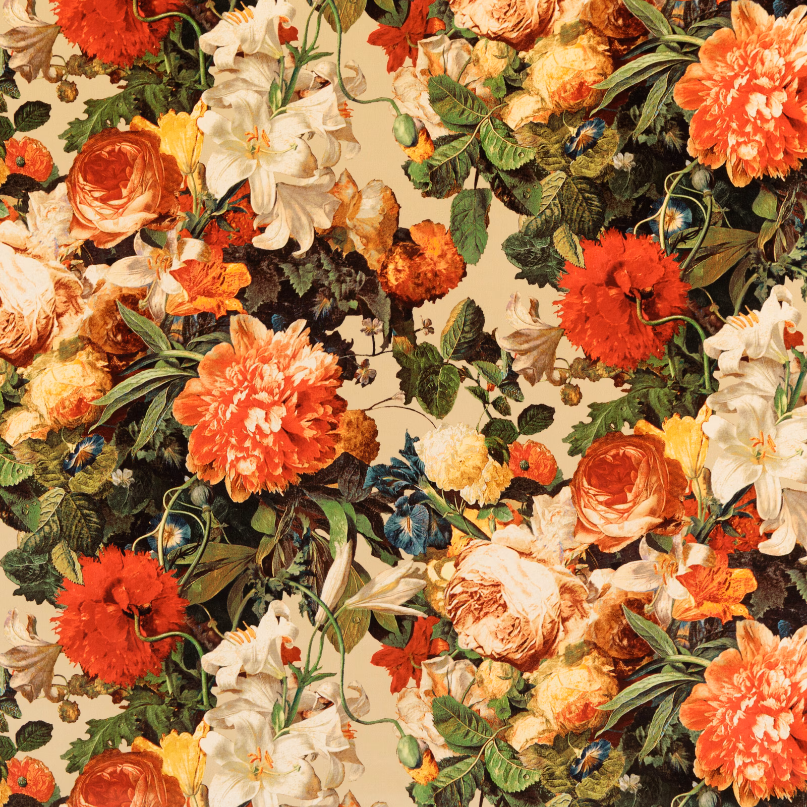 Cream velvet with scarlet dahlias, coral roses and deep green botanical foliage