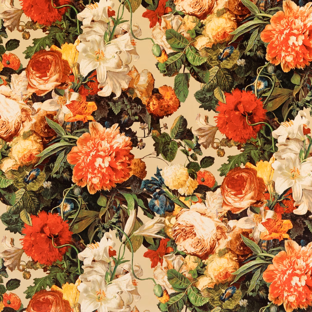 Cream velvet with scarlet dahlias, coral roses and deep green botanical foliage