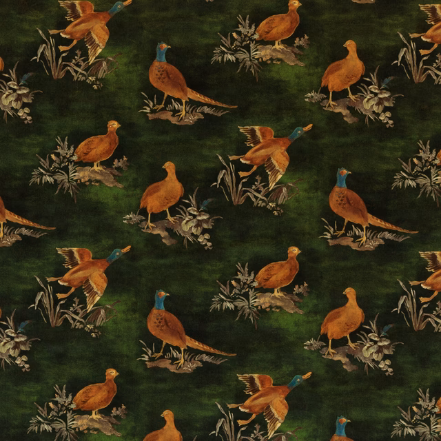 Deep emerald velvet with russet pheasants, teal necks and leafy botanical sprays