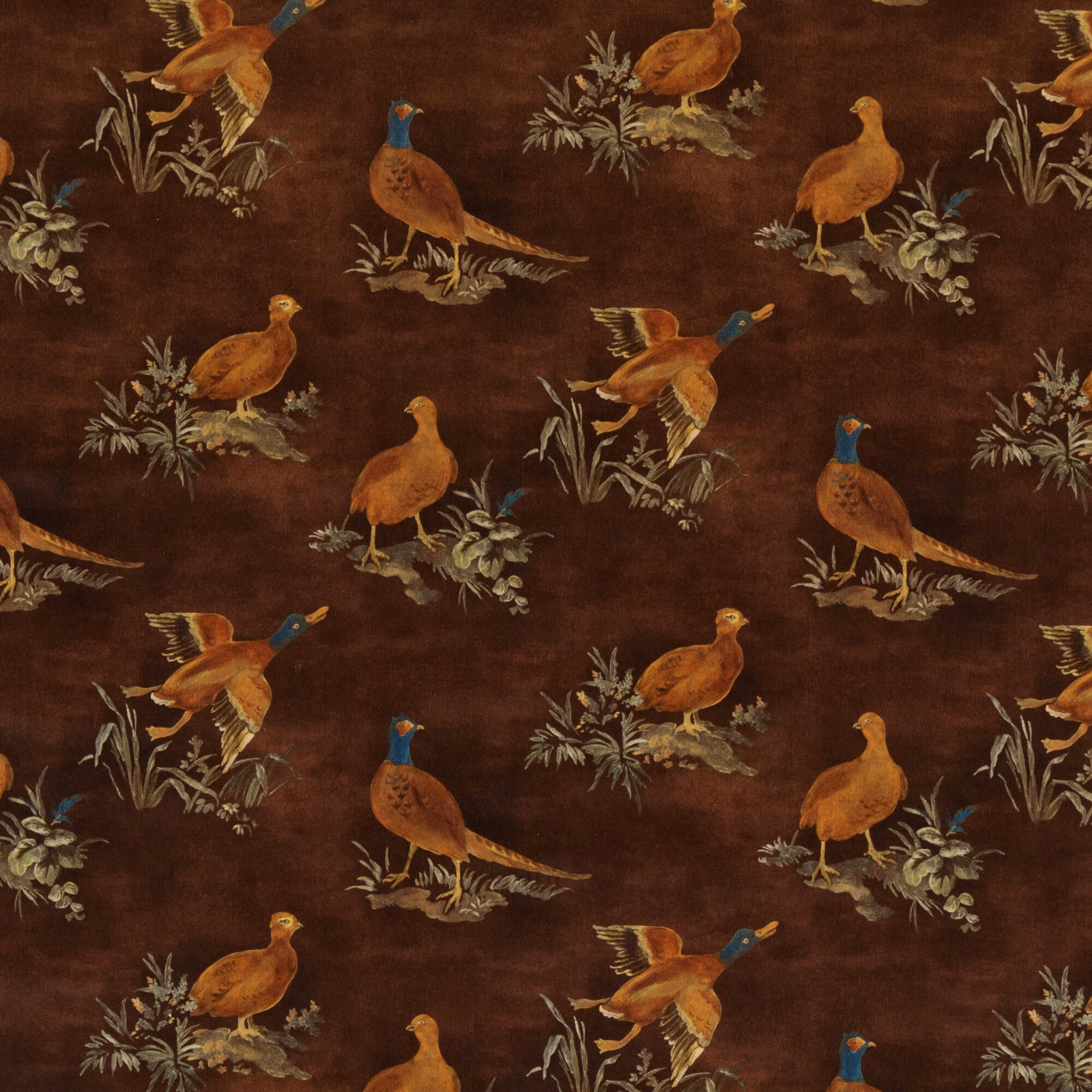 Chocolate velvet with copper game birds, blue accents and trailing botanical sprays