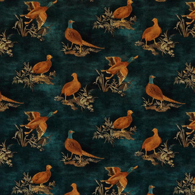 Deep teal velvet with copper pheasants and cream botanical sprays