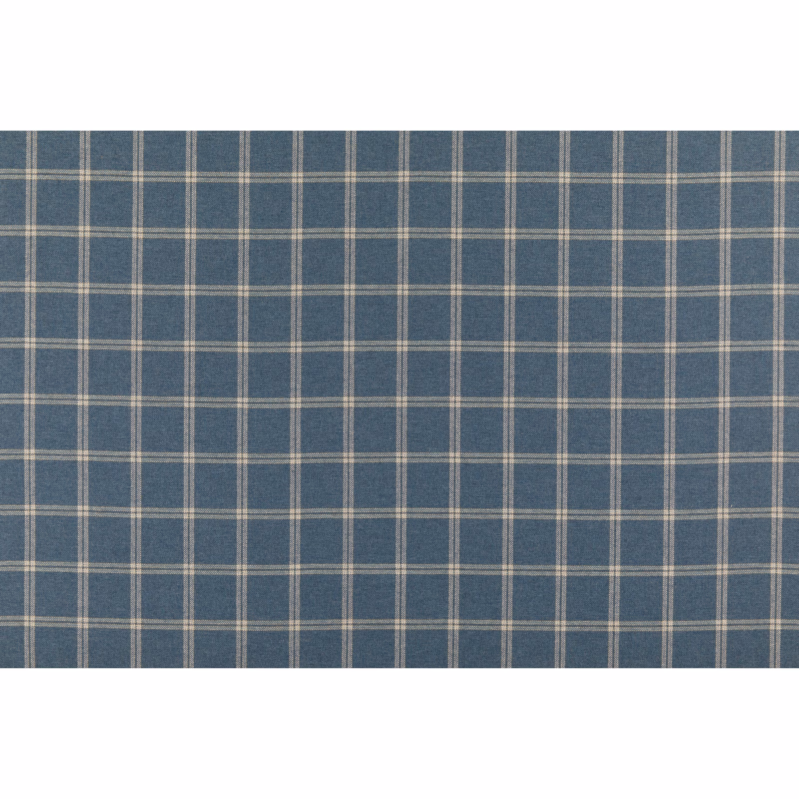 Muted indigo-blue wool plaid with fine cream-grey lines and soft woven texture