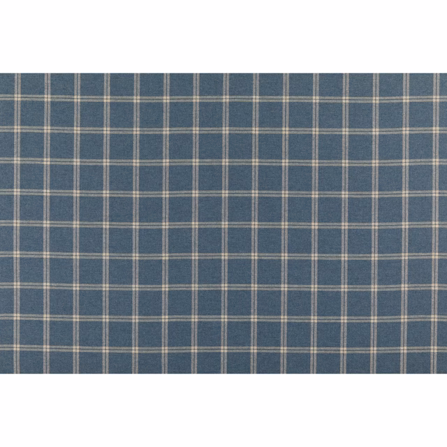 Muted indigo-blue wool plaid with fine cream-grey lines and soft woven texture