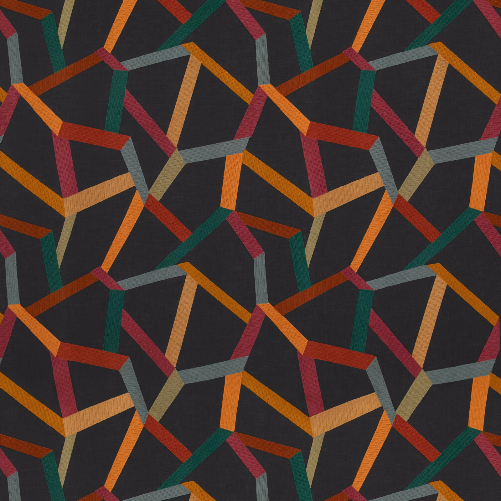 Midnight blue fabric with interlocking rust, orange, teal and red geometric bands