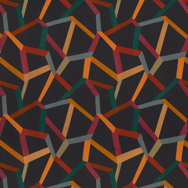 Midnight blue fabric with interlocking rust, orange, teal and red geometric bands