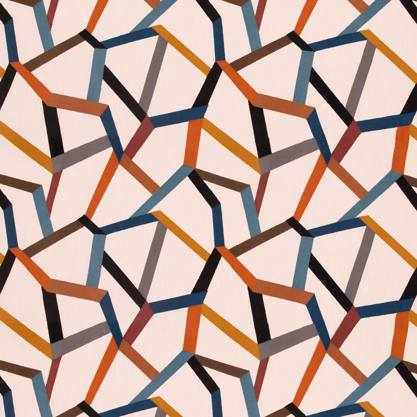Cream geometric fabric with teal, rust, mustard, charcoal and burgundy angular lines