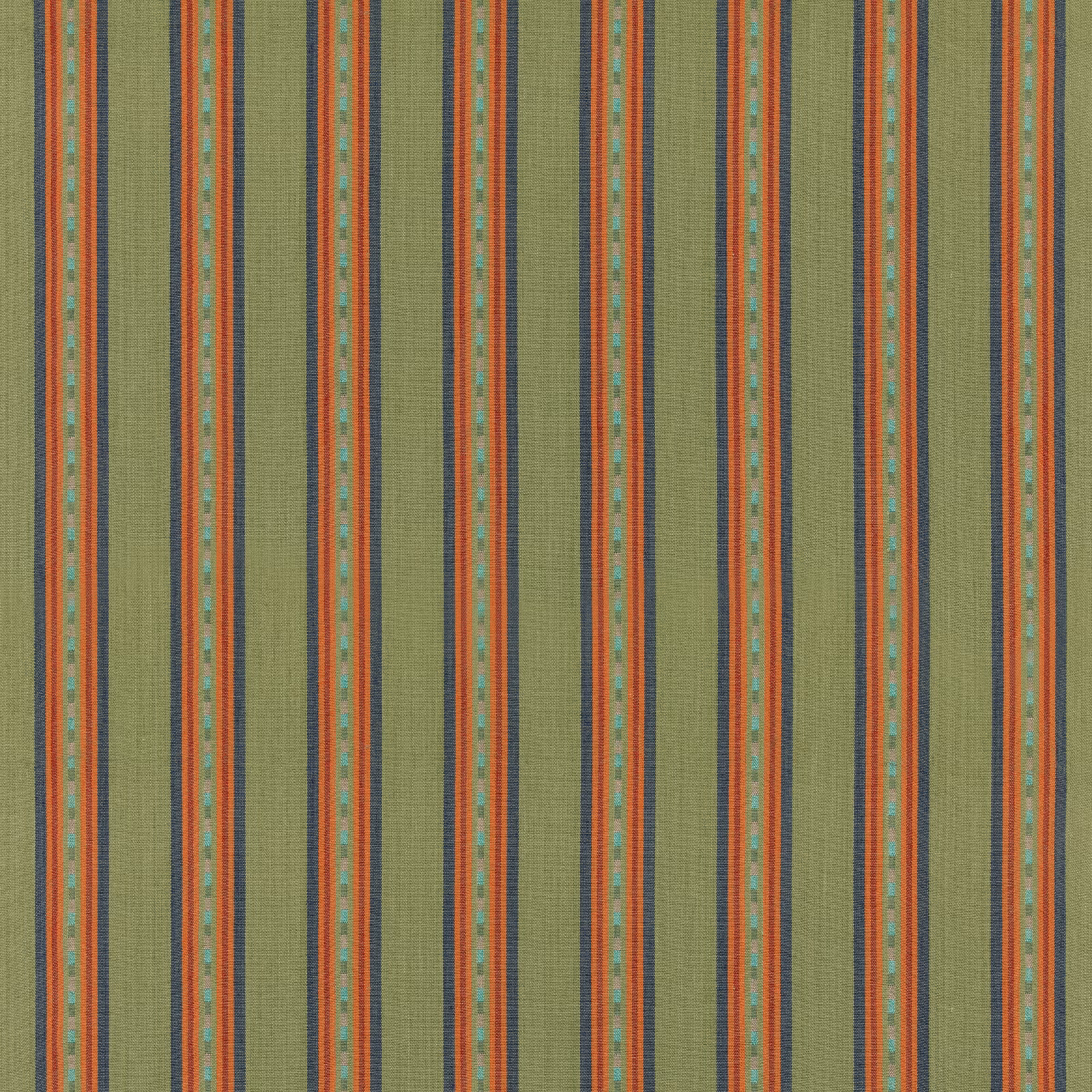 Olive green woven stripe with narrow rust-red, teal and cream vertical bands