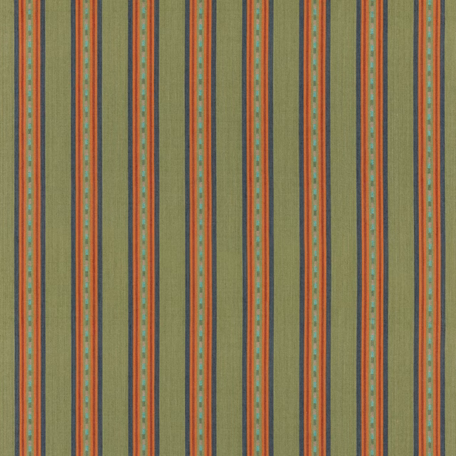 Olive green woven stripe with narrow rust-red, teal and cream vertical bands