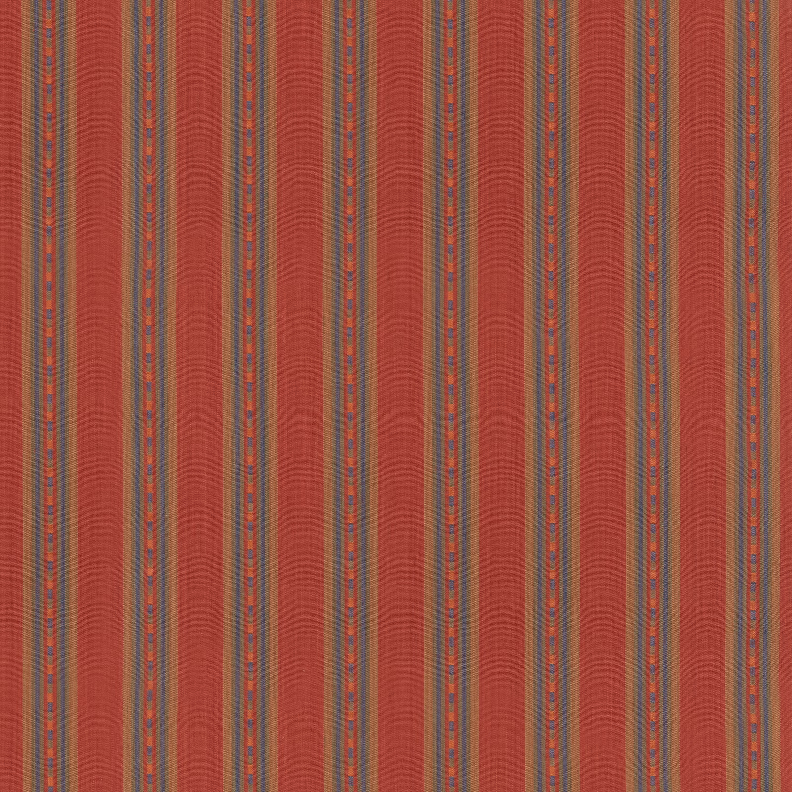 Muted brick-red vertical stripes with blue and ochre woven accents