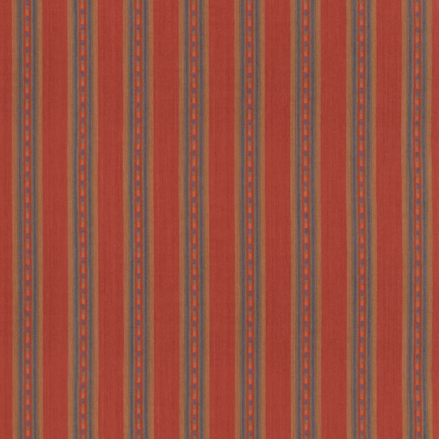 Muted brick-red vertical stripes with blue and ochre woven accents