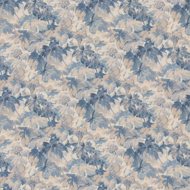 Cool blue and cream leafy floral with painterly clusters and fine textile texture