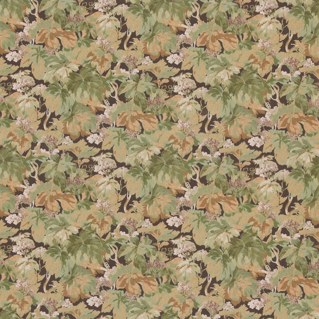 Charcoal ground with muted green foliage, tan leaves and pale clustered flowers