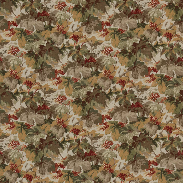 Olive leafy botanical fabric with muted red berry clusters on a warm taupe ground