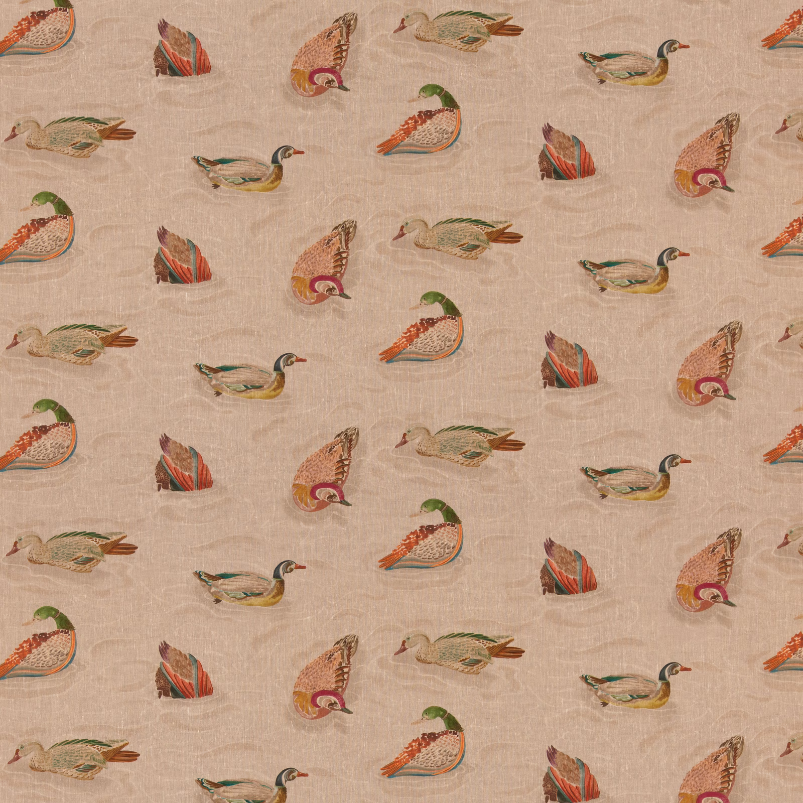 Beige linen ground with scattered jewel-toned ducks in red, green and teal