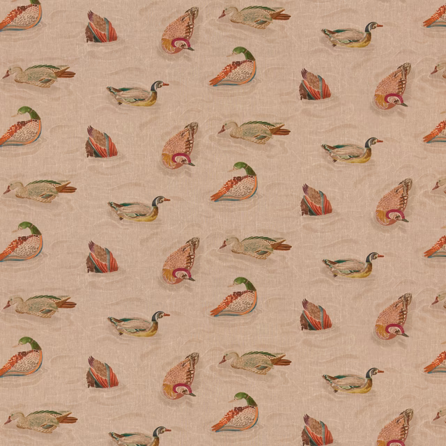 Beige linen ground with scattered jewel-toned ducks in red, green and teal