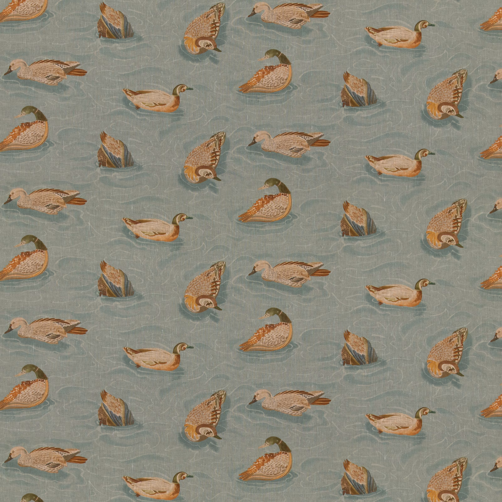 Muted teal linen with cream, russet and olive ducks in a repeating pond scene