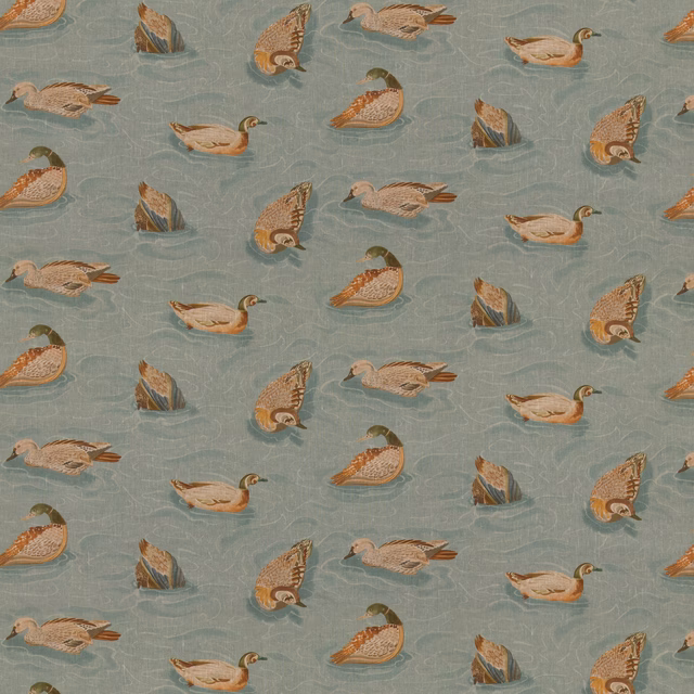 Muted teal linen with cream, russet and olive ducks in a repeating pond scene