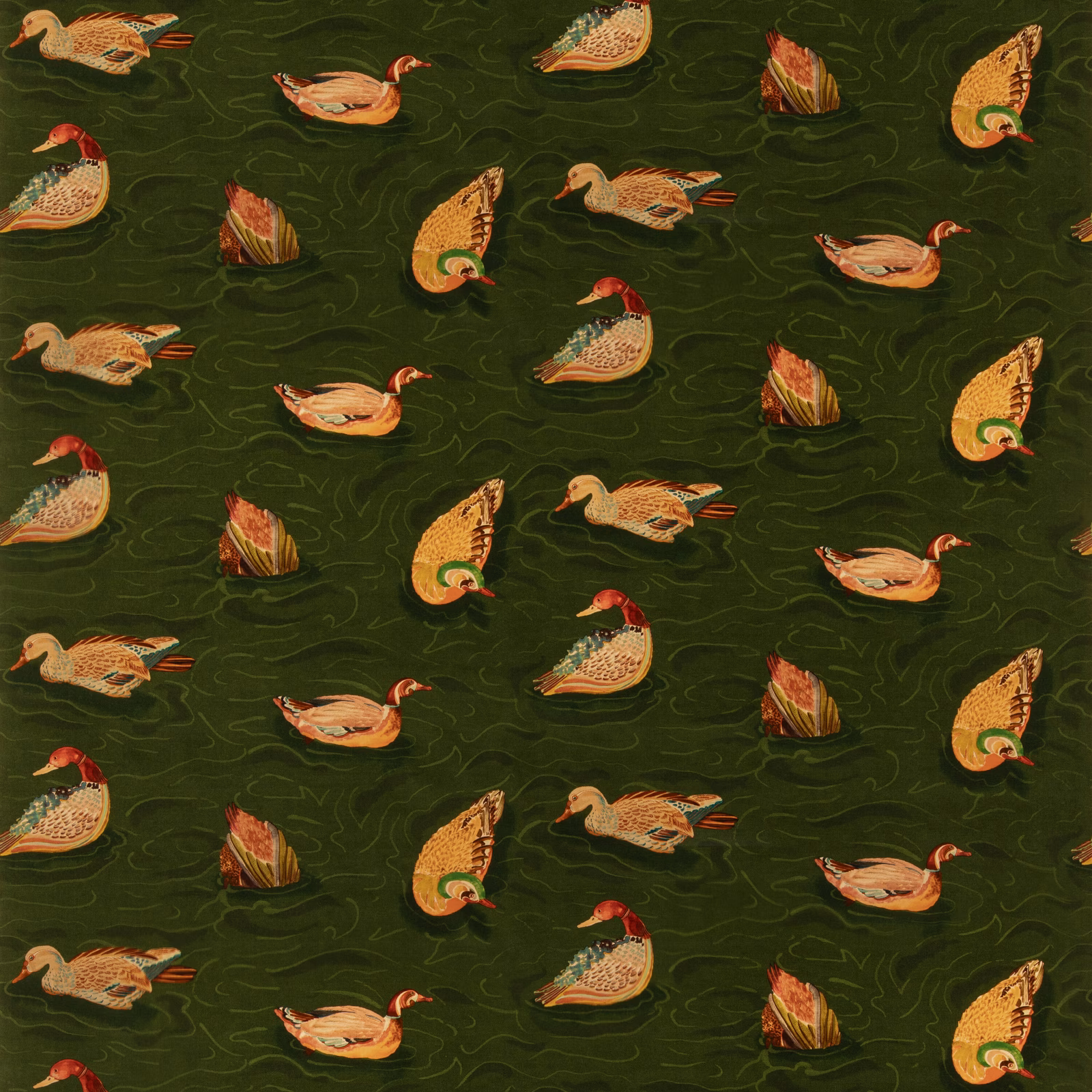 Deep emerald velvet with ochre, russet and cream birds among scrolling lines