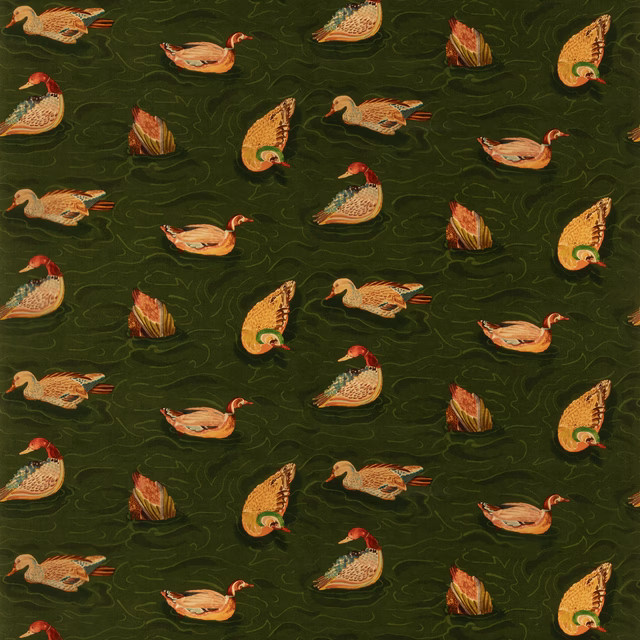 Deep emerald velvet with ochre, russet and cream birds among scrolling lines
