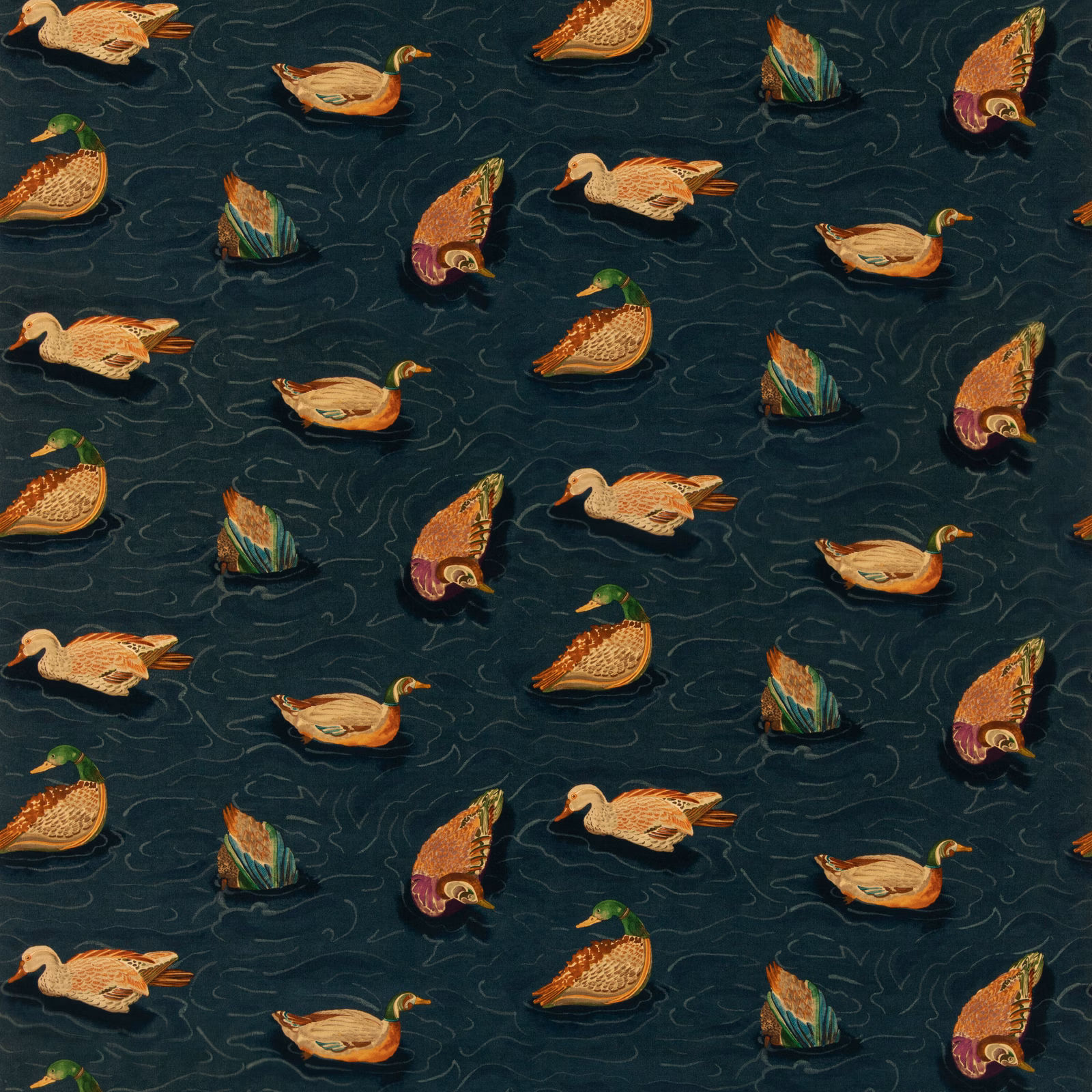 Indigo velvet with ochre ducks, russet birds and fine rippling water marks