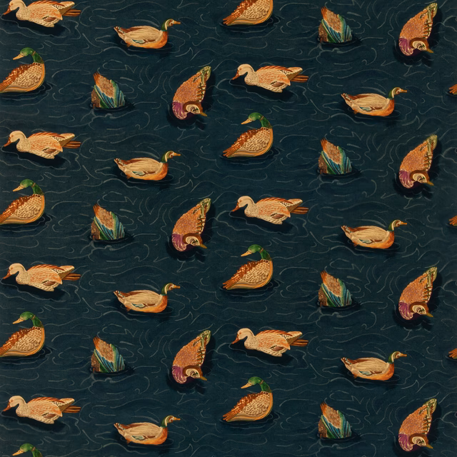 Indigo velvet with ochre ducks, russet birds and fine rippling water marks