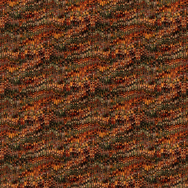 Dense red and green velvet with tiny scalloped teardrop motifs and warm rust highlights