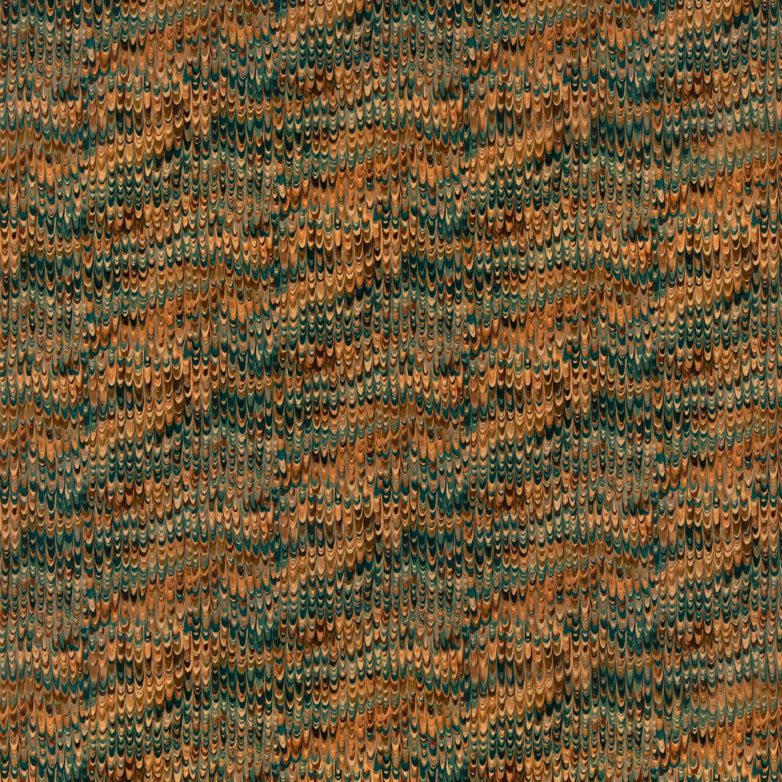Dense teal velvet with copper scallop motifs and a softly varied pile