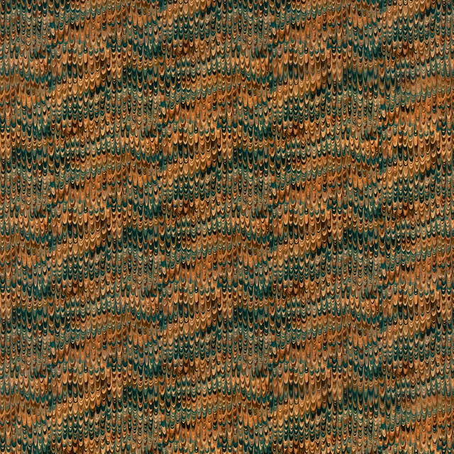 Dense teal velvet with copper scallop motifs and a softly varied pile