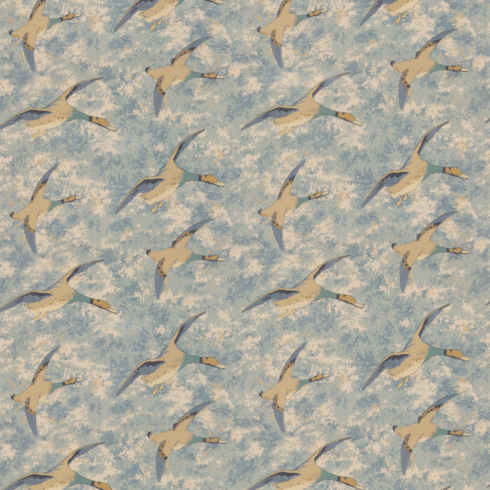 Muted duck-egg blue fabric with flying ducks and softly mottled pale ground