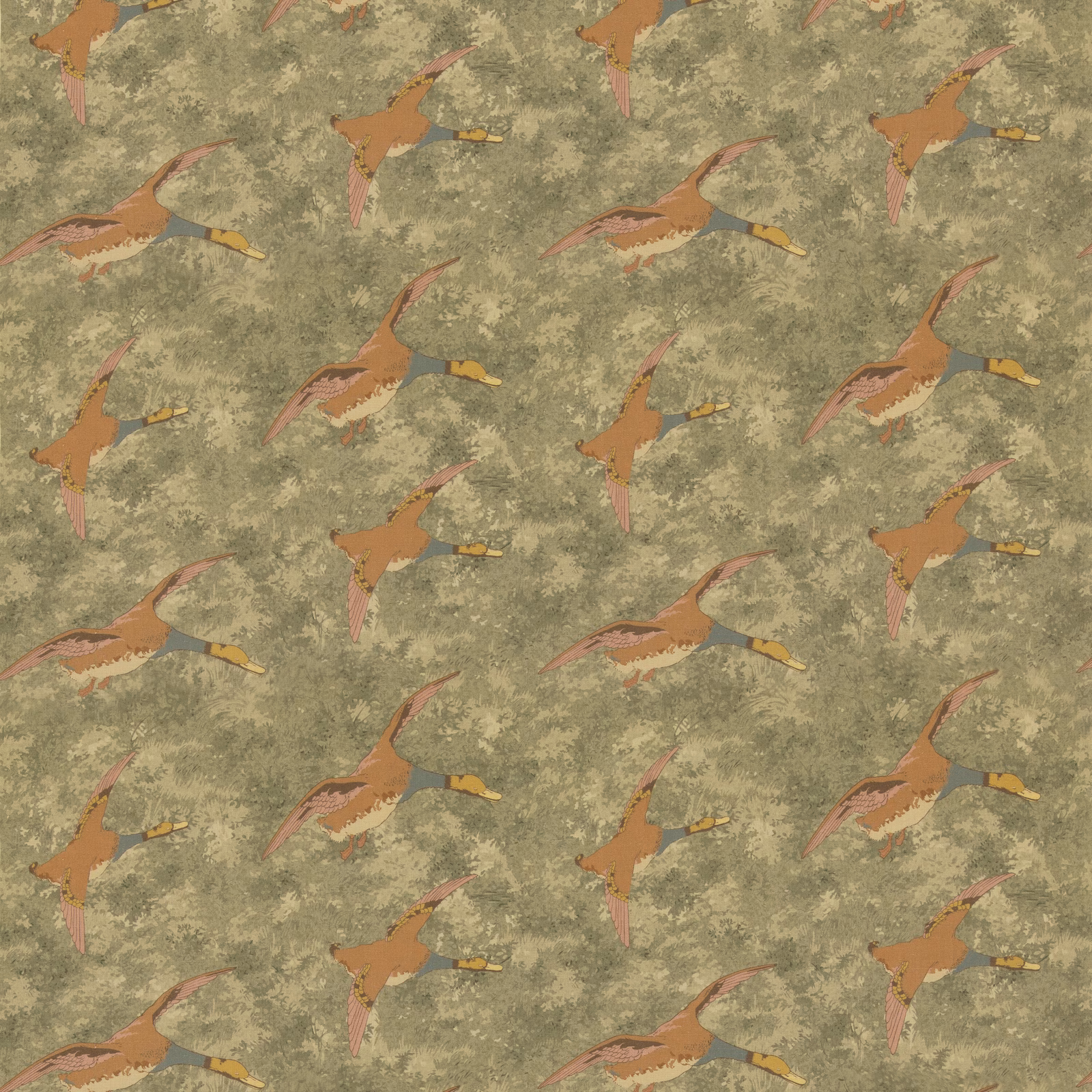 Muted olive fabric with russet and ochre long-tailed birds in a repeating pattern