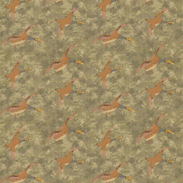 Muted olive fabric with russet and ochre long-tailed birds in a repeating pattern