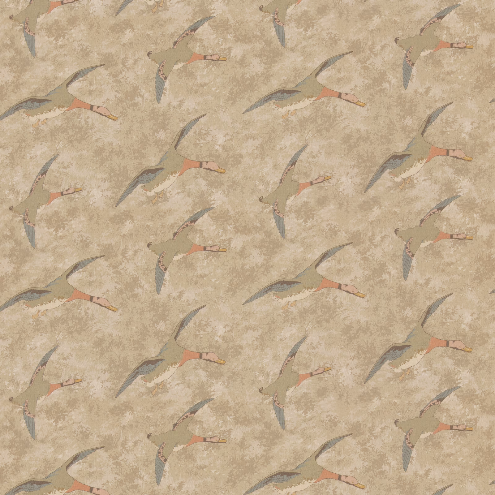 Parchment beige fabric with flying olive and grey birds and coral accents