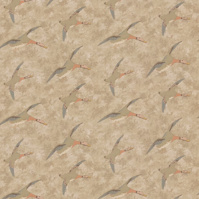 Parchment beige fabric with flying olive and grey birds and coral accents