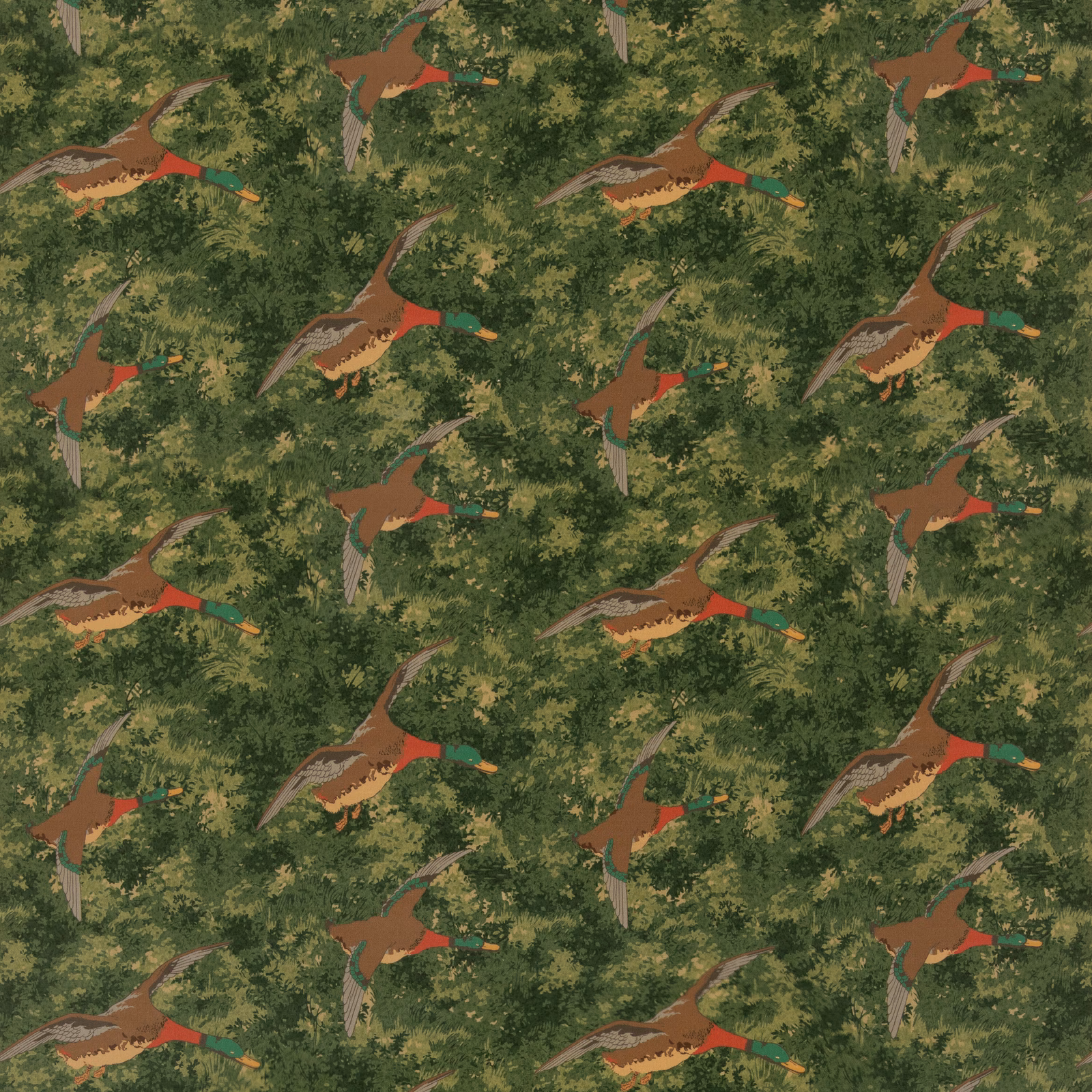 Emerald velvet with flying russet ducks amid dense leafy green woodland foliage