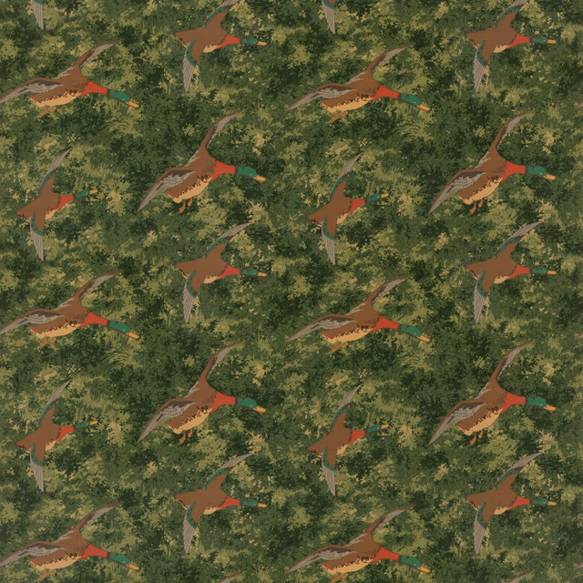 Emerald velvet with flying russet ducks amid dense leafy green woodland foliage
