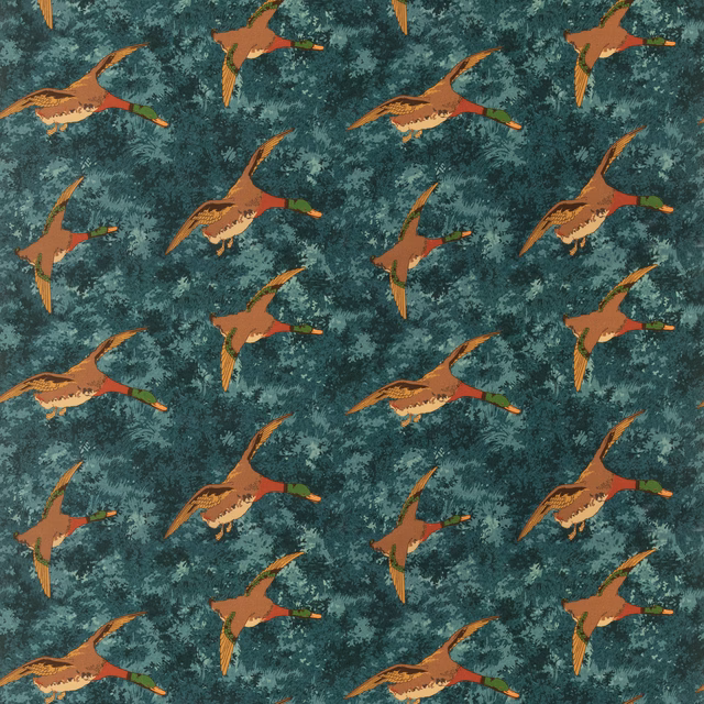 Deep teal velvet with russet flying ducks, cream highlights and leafy mottling