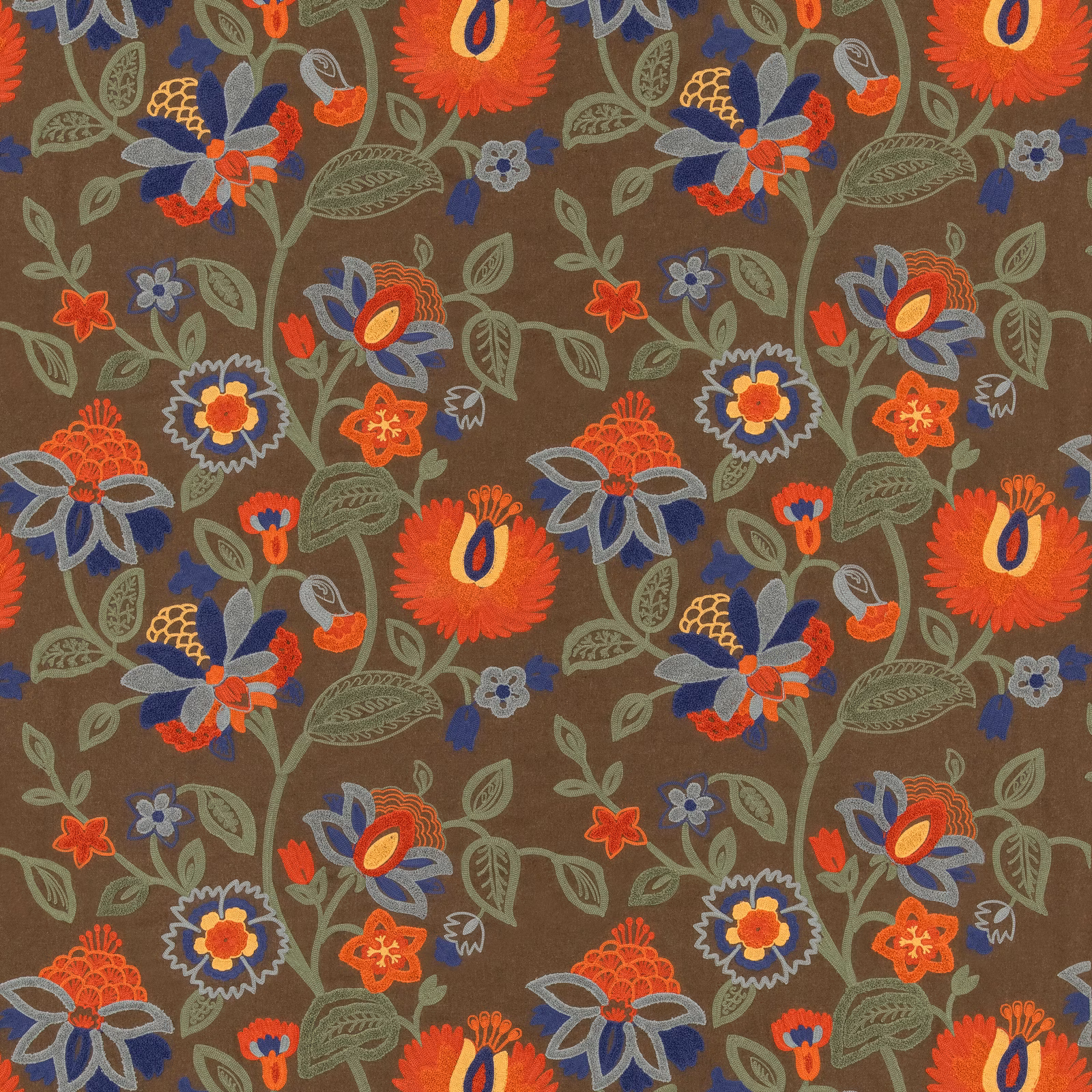 Olive-brown woven ground with red, teal and blue botanical florals