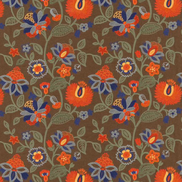 Olive-brown woven ground with red, teal and blue botanical florals
