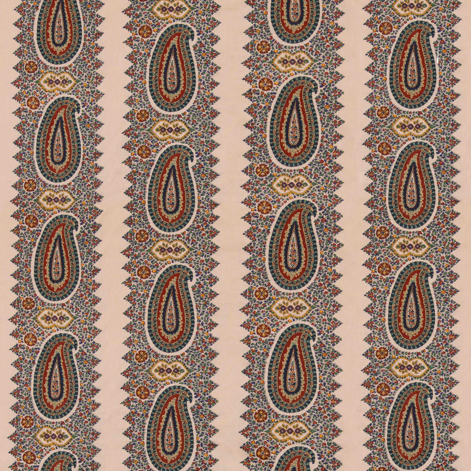 Indigo and red paisley stripes with cream ground and intricate floral edging
