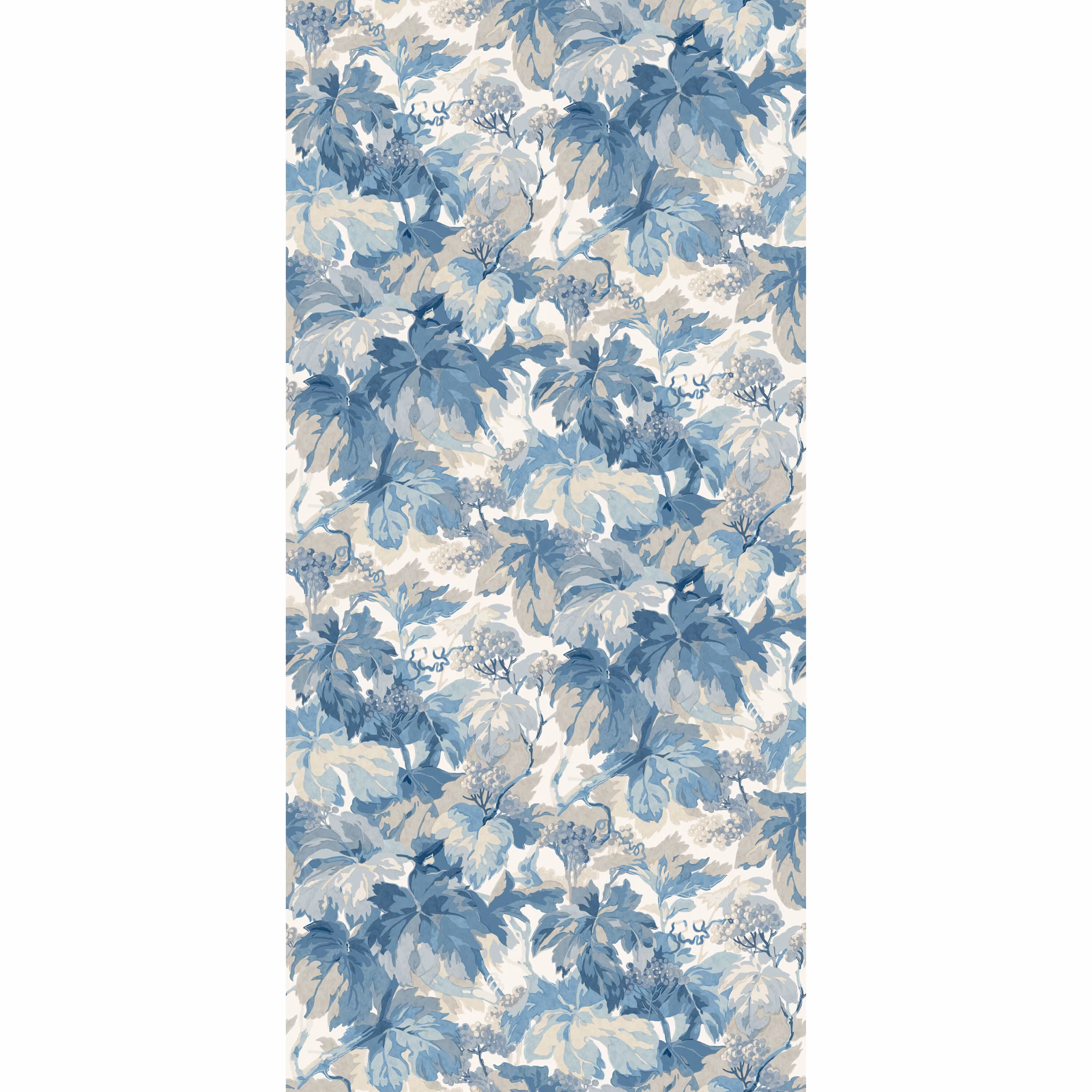 Blue and pale botanical wallpaper with layered leafy sprays and a cool, chalky ground