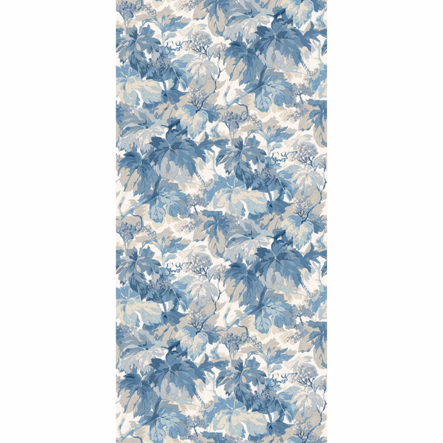 Blue and pale botanical wallpaper with layered leafy sprays and a cool, chalky ground