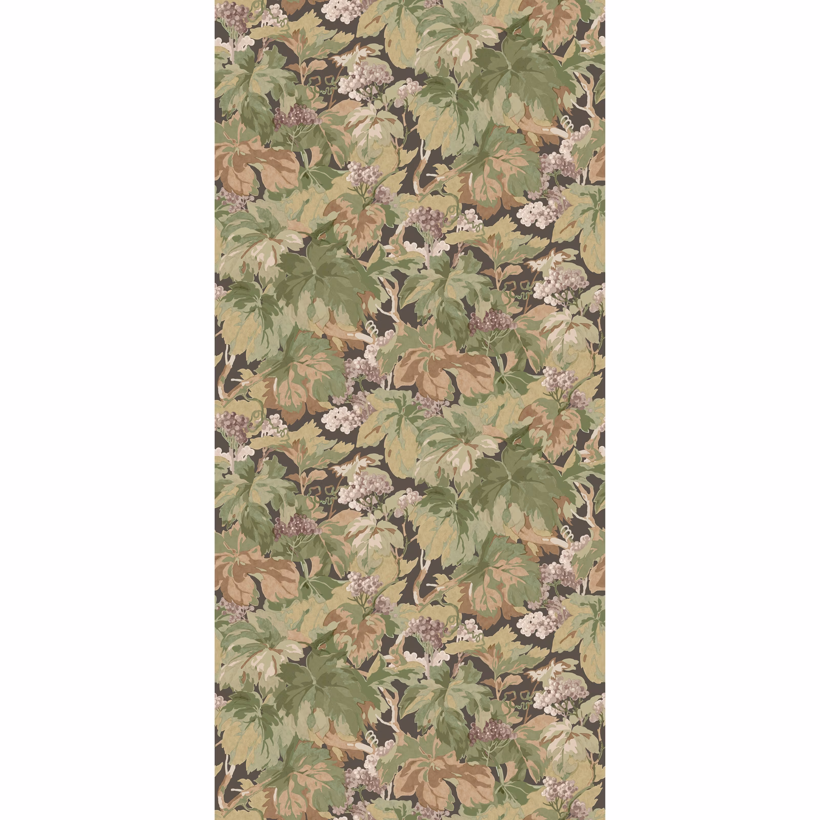 Charcoal wallpaper with layered sage leaves, taupe foliage and pale floral clusters