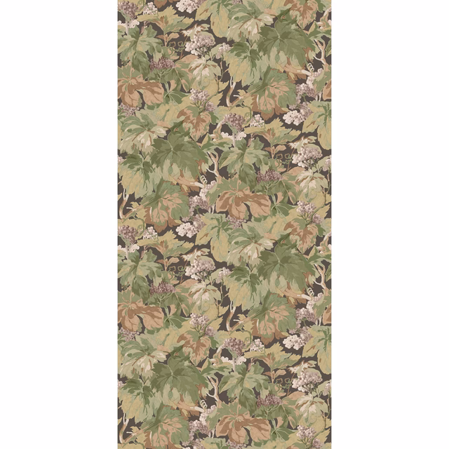 Charcoal wallpaper with layered sage leaves, taupe foliage and pale floral clusters